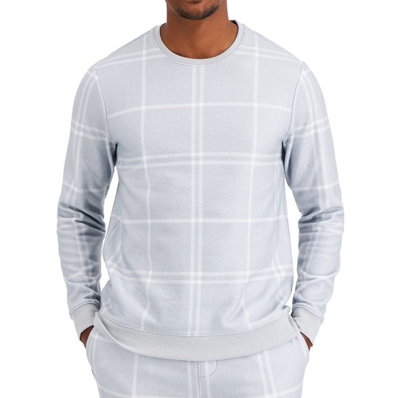 Aflani Gray White Mens Windowpane Fleece Pajama Sweatshirt, size M - Picture 1 of 2